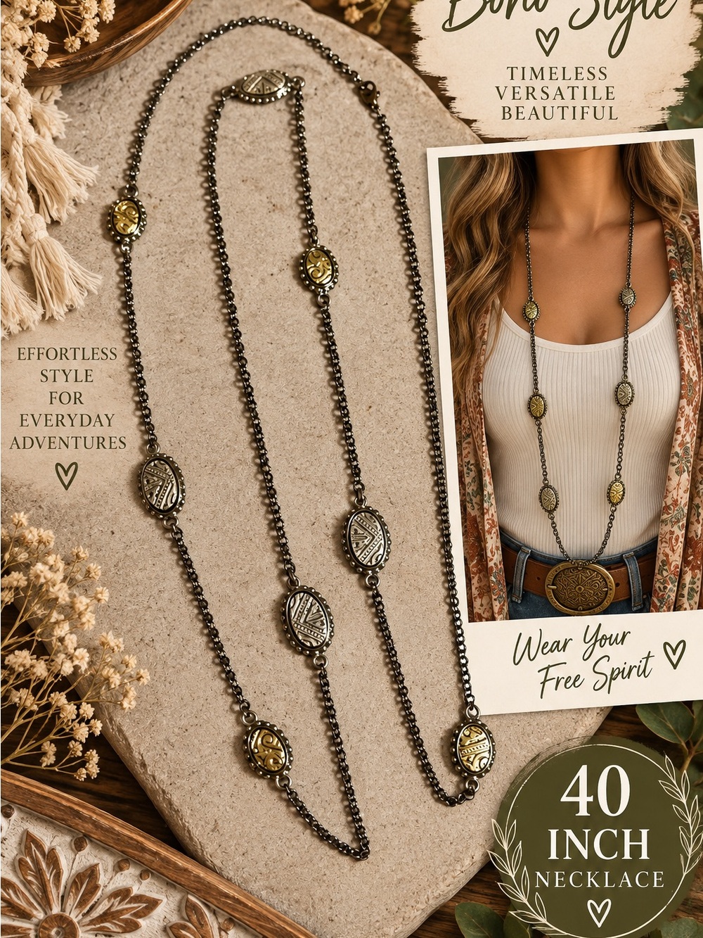Two-Tone Long Beaded Necklace with Gold Accents – 40"